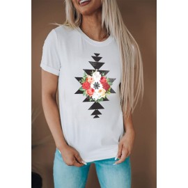 White Flower Geometric Print Crewneck Short Sleeve T Shirt