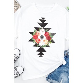 White Flower Geometric Print Crewneck Short Sleeve T Shirt