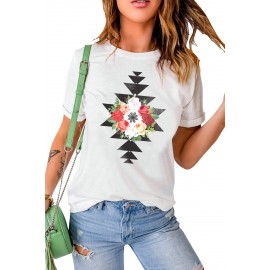 White Flower Geometric Print Crewneck Short Sleeve T Shirt