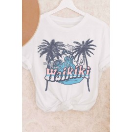 White Haikiki Plant Scenery Print Short Sleeve T Shirt