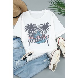 White Haikiki Plant Scenery Print Short Sleeve T Shirt