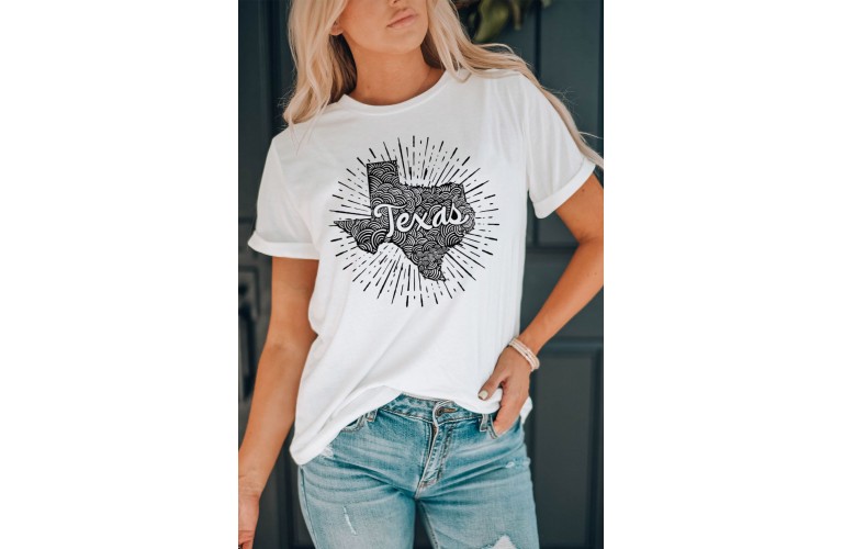 White Texas Map Graphic Print Short Sleeve T Shirt