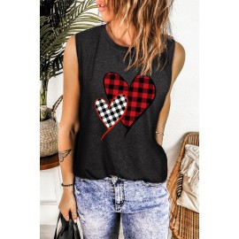 Black Heart Print Color Block Loose O Neck Tank Top