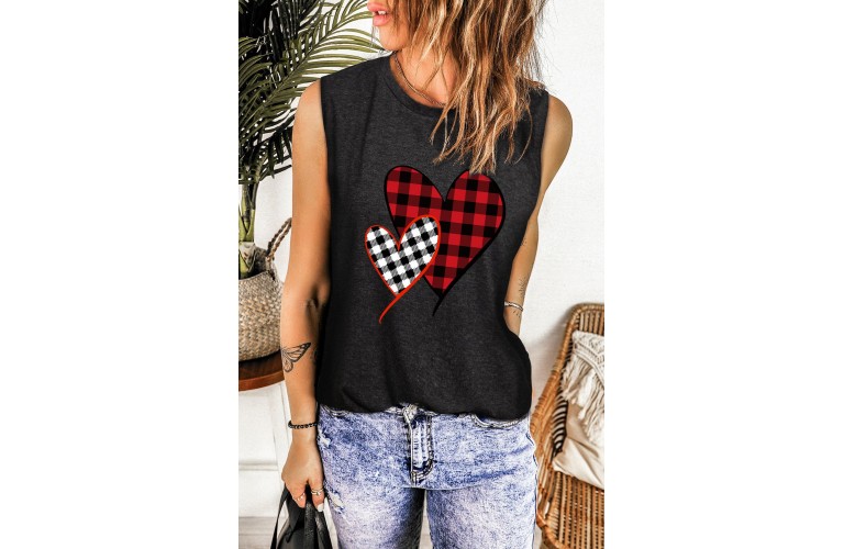 Black Heart Print Color Block Loose O Neck Tank Top