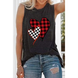 Black Heart Print Color Block Loose O Neck Tank Top