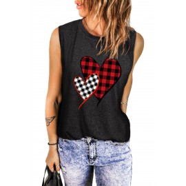 Black Heart Print Color Block Loose O Neck Tank Top