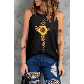 Black Sunflower Leopard Cross Print Ripped Sleeveless Top