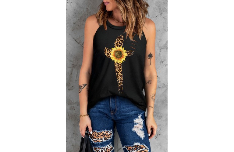 Black Sunflower Leopard Cross Print Ripped Sleeveless Top