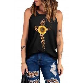 Black Sunflower Leopard Cross Print Ripped Sleeveless Top