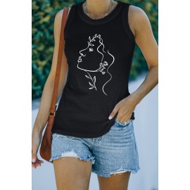 Black Casual Portrait Graffiti Print Graphic Tank Top