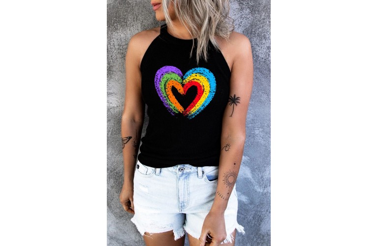 Black Concentric Rainbow Heart Print Tank Top