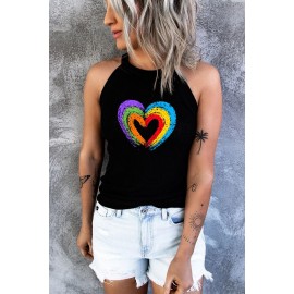 Black Concentric Rainbow Heart Print Tank Top