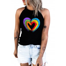 Black Concentric Rainbow Heart Print Tank Top