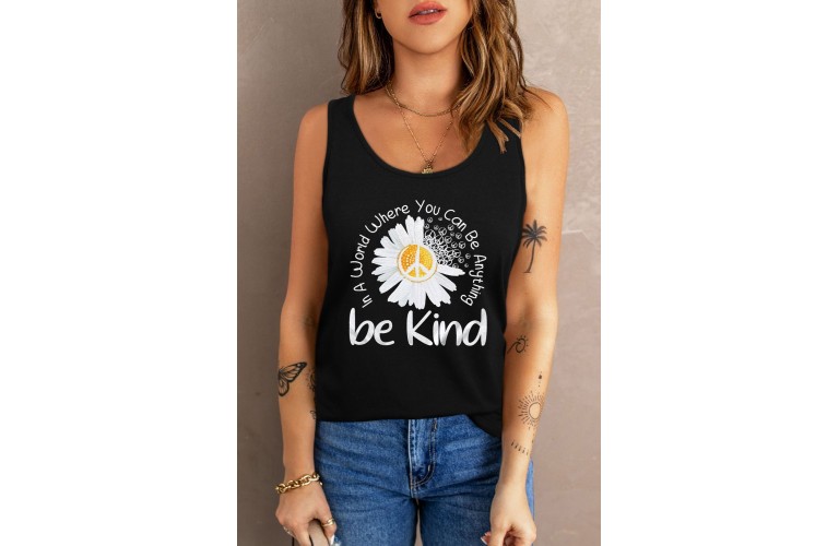 Black Be Kind Daisy Letter Pattern Print Graphic Tank Top