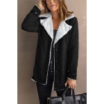 Black Lapel Collar Button Fleece Jacket