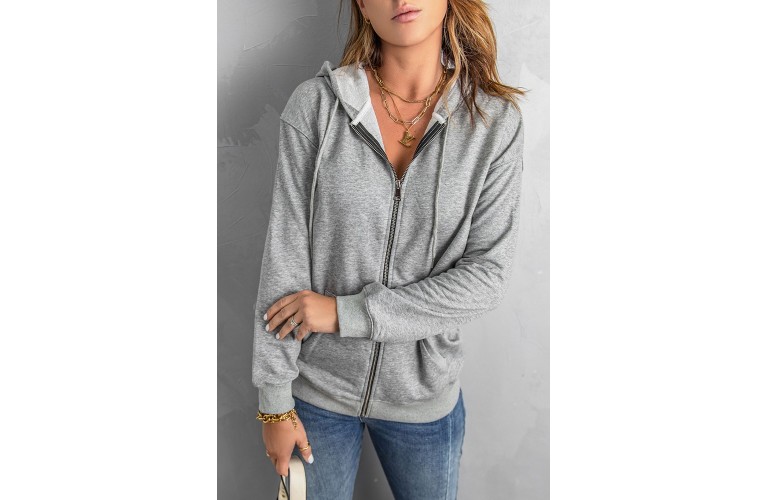 Gray Zip Hooded Coat with Pocket