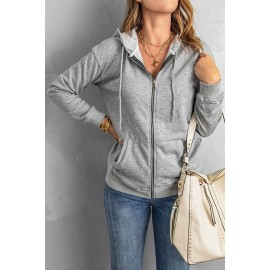 Gray Zip Hooded Coat with Pocket