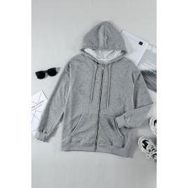 Gray Zip Hooded Coat with Pocket