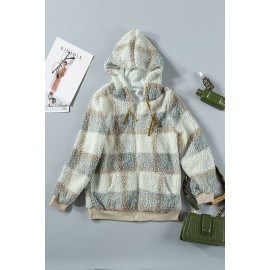 Blue Plaid Print Zipper Fleece Hooded Coat