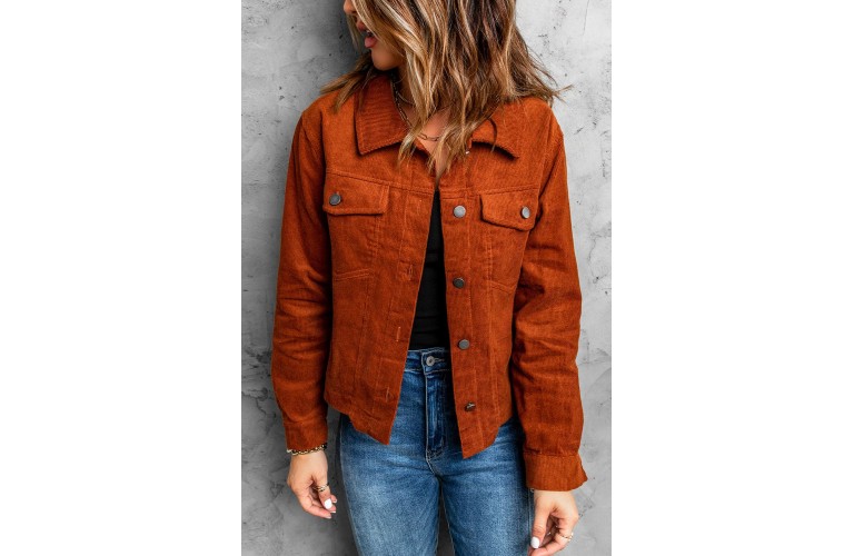 Brown Corduroy Button-Down Jacket with Pocket