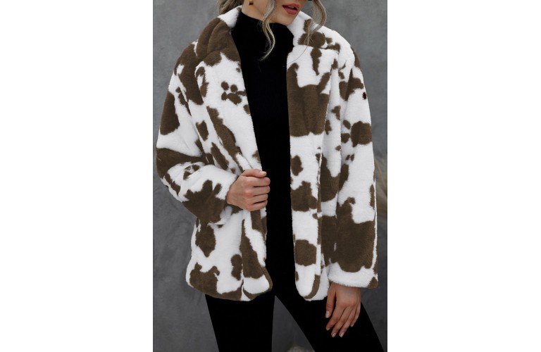 Cow Print Buttoned Open Front Fleece Coat