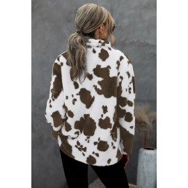 Cow Print Buttoned Open Front Fleece Coat