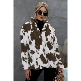 Cow Print Buttoned Open Front Fleece Coat