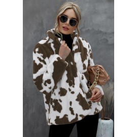 Cow Print Buttoned Open Front Fleece Coat