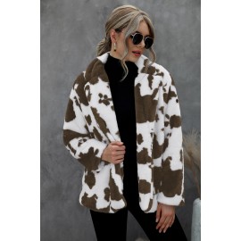 Cow Print Buttoned Open Front Fleece Coat