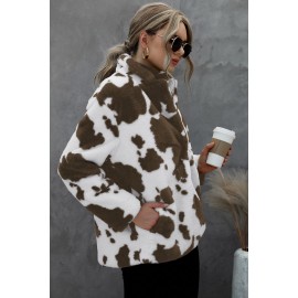 Cow Print Buttoned Open Front Fleece Coat