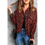 Brown Leopard Print Raw Hem Buttoned Cropped Jacket