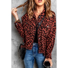 Brown Leopard Print Raw Hem Buttoned Cropped Jacket