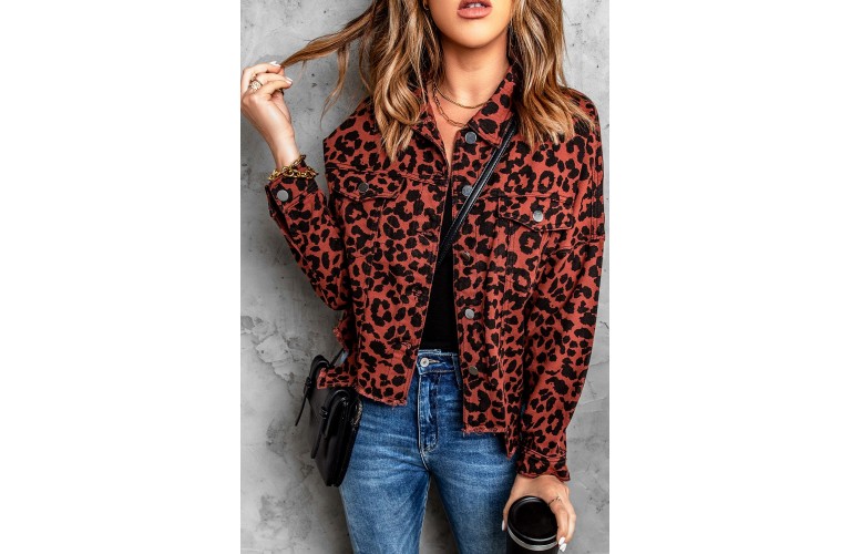 Brown Leopard Print Raw Hem Buttoned Cropped Jacket