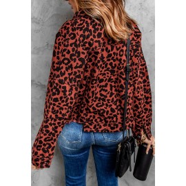 Brown Leopard Print Raw Hem Buttoned Cropped Jacket