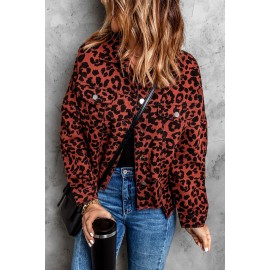 Brown Leopard Print Raw Hem Buttoned Cropped Jacket