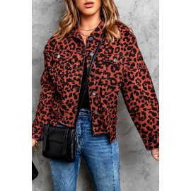 Brown Leopard Print Raw Hem Buttoned Cropped Jacket