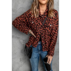 Brown Leopard Print Raw Hem Buttoned Cropped Jacket