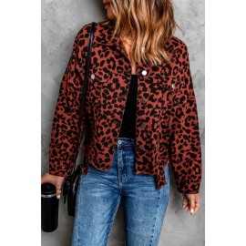 Brown Leopard Print Raw Hem Buttoned Cropped Jacket