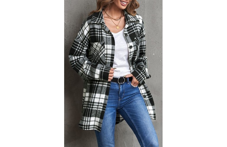 Black Grid Print Boyfriend Shirt Coat