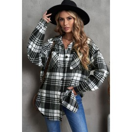 Black Grid Print Boyfriend Shirt Coat