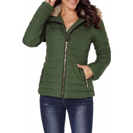 Army Green Faux Fur Collar Trim Black Quilted Jacket