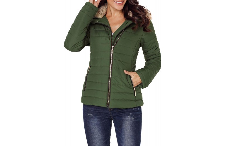 Army Green Faux Fur Collar Trim Black Quilted Jacket