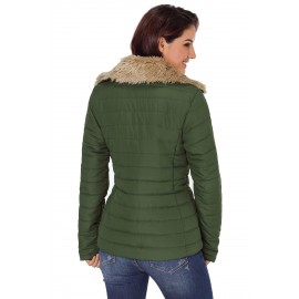 Army Green Faux Fur Collar Trim Black Quilted Jacket