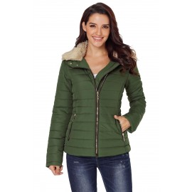 Army Green Faux Fur Collar Trim Black Quilted Jacket