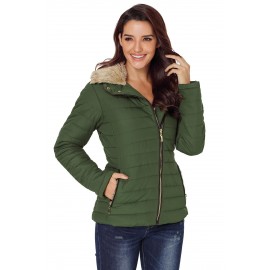 Army Green Faux Fur Collar Trim Black Quilted Jacket