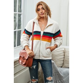 Rainbow Stripes White Sherpa Jacket Coat