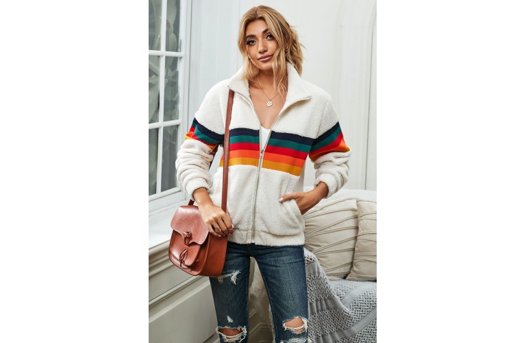 Rainbow Stripes White Sherpa Jacket Coat