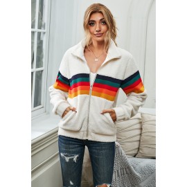 Rainbow Stripes White Sherpa Jacket Coat