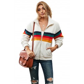 Rainbow Stripes White Sherpa Jacket Coat