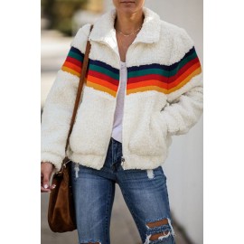 Rainbow Stripes White Sherpa Jacket Coat